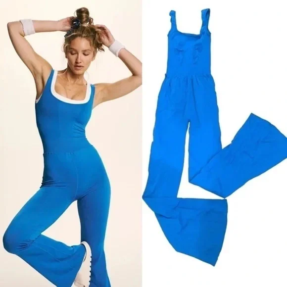 Free People Good Karma Flared Onesie SZ..M/L Blue - Picture 4 of 6
